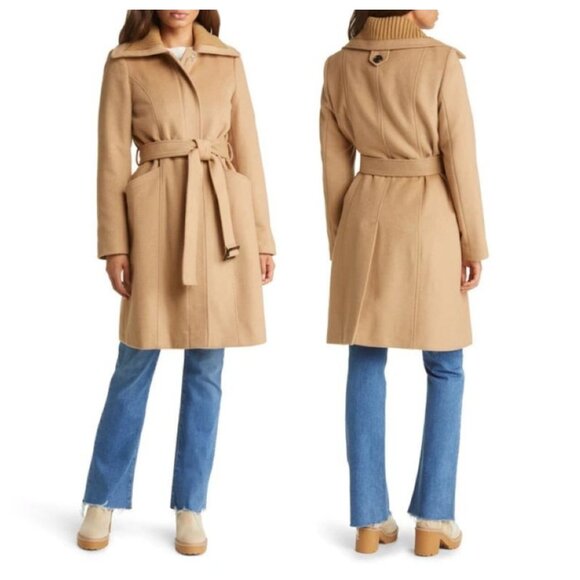 Sam Edelman Wool Blend Rib Collar Coat In Camel - Picture 1 of 4